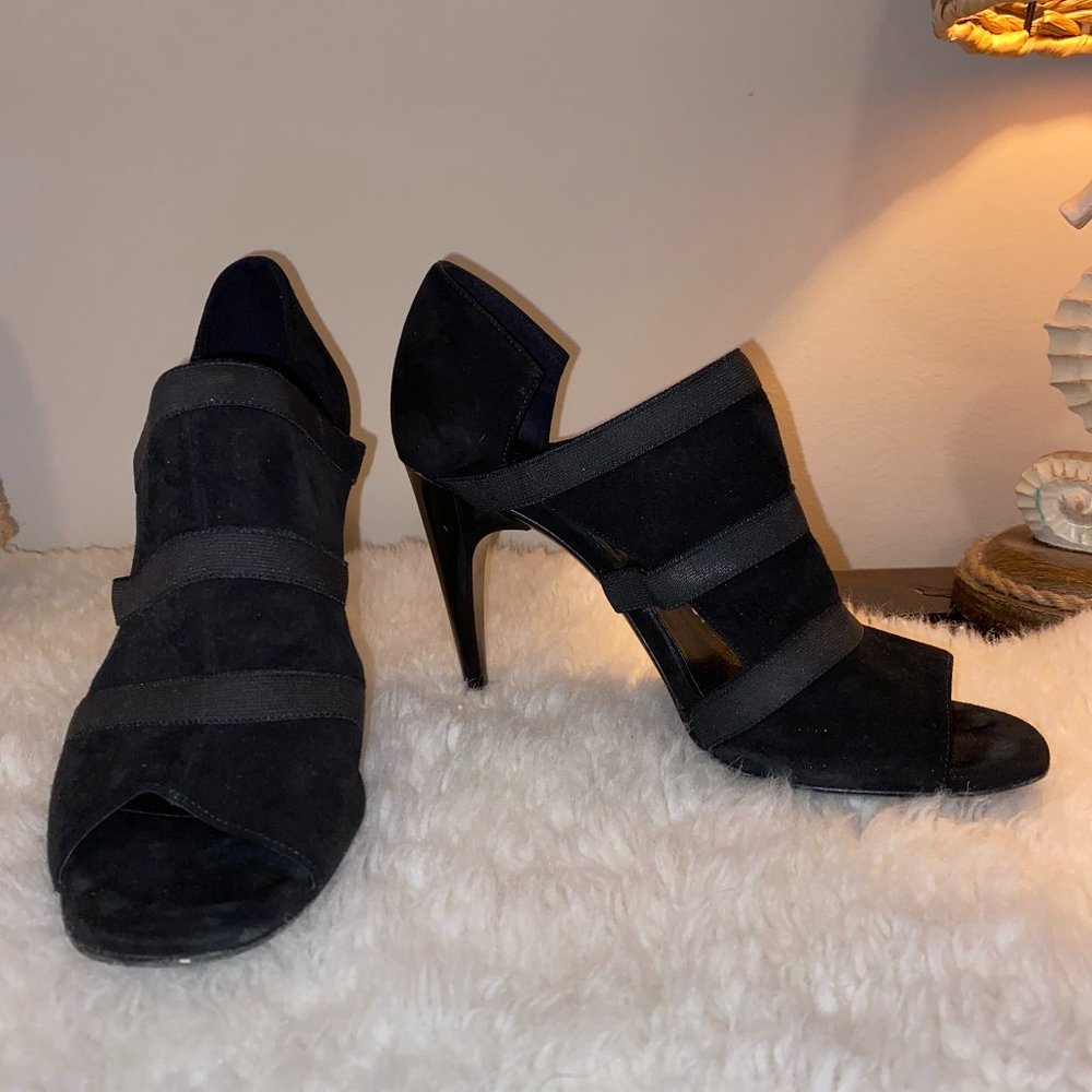 7 For AllManKind Black Suede Peep Toe Heels sz 6.5